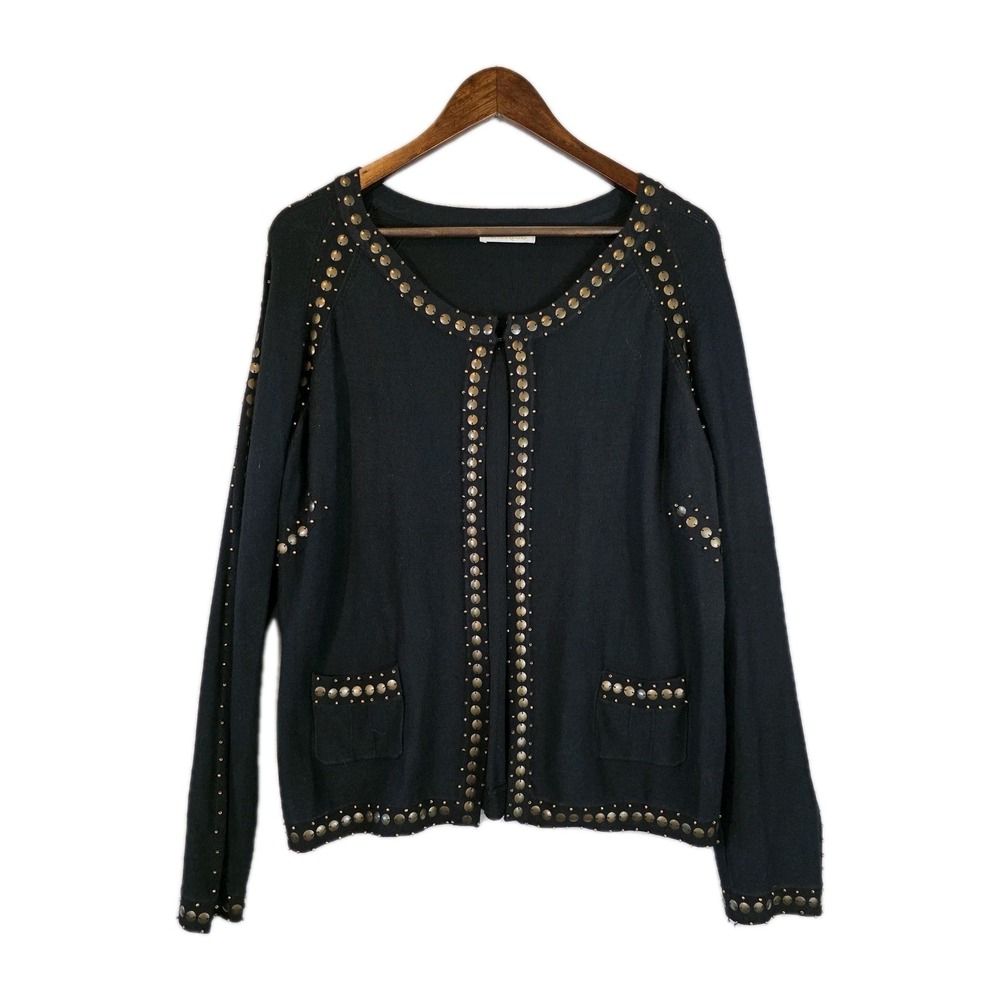 Caprice‎ Sweater Cardigan Womens XL Black Bronze Studded Open Front Classic READ
